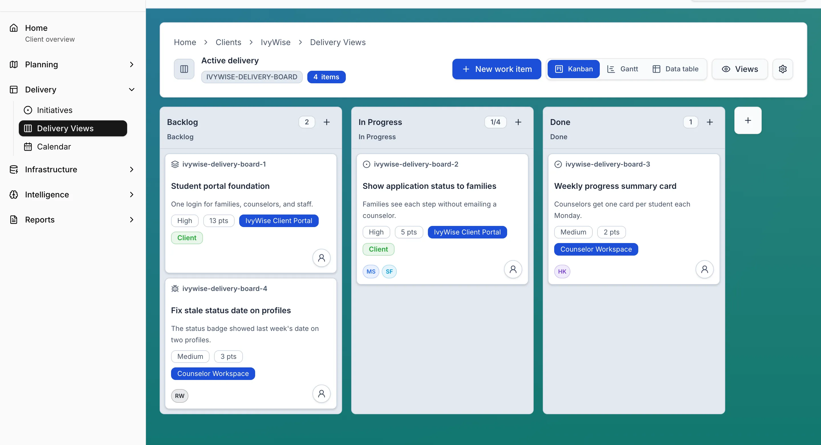 The Altitude app, built by Elevate. The IvyWise workspace shows a board of work items in three columns: Backlog, In Progress, and Done.