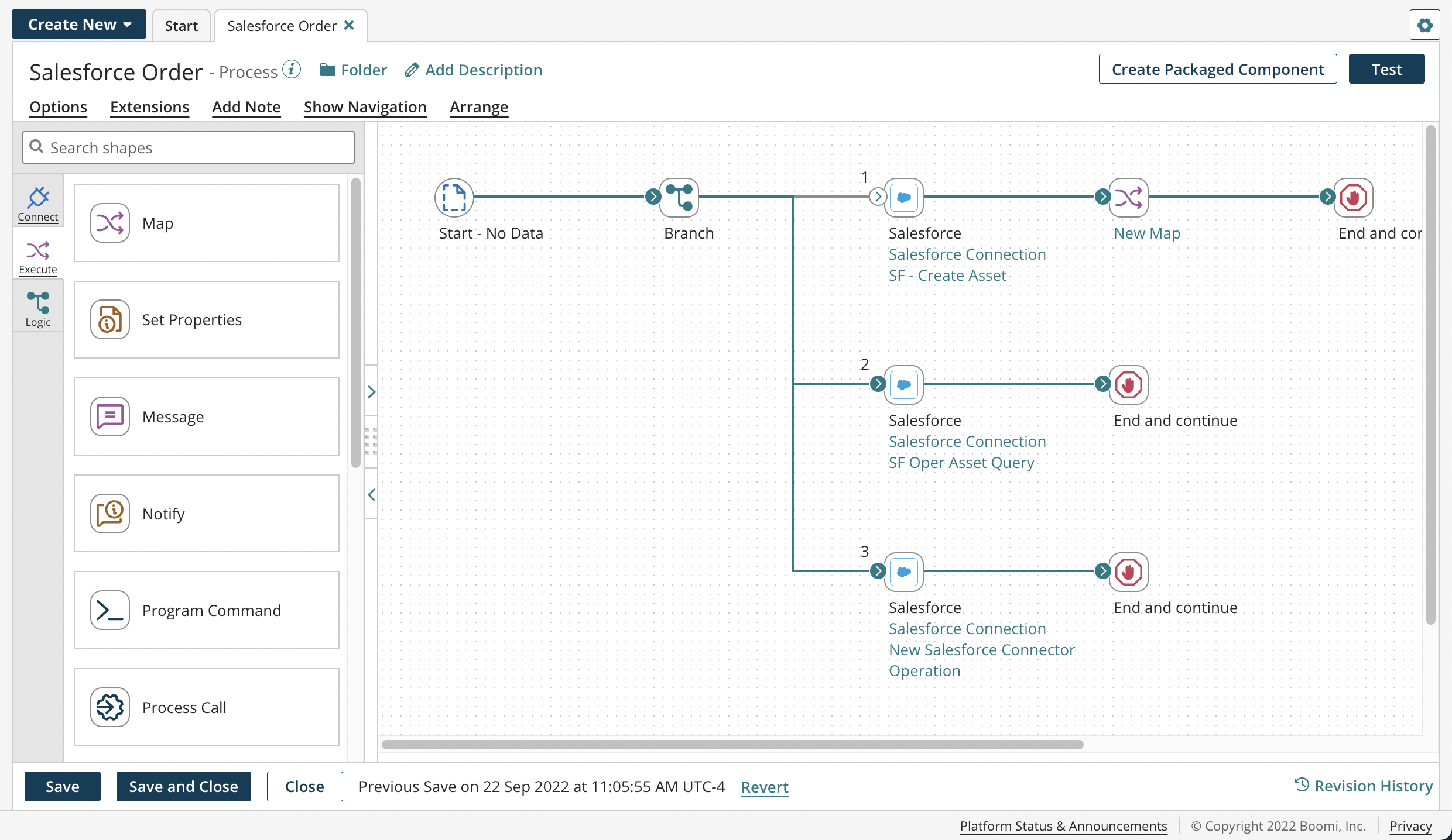 Boomi's Build page shows branches, Salesforce connections, and a field map on its canvas.