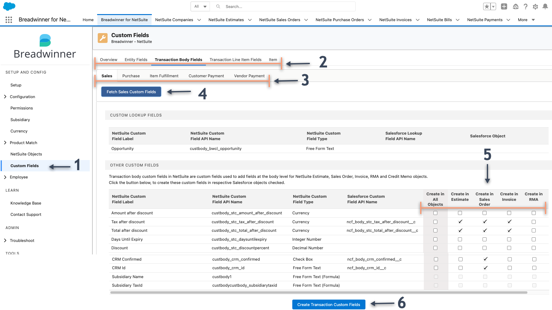 Breadwinner custom field setup in Salesforce, with NetSuite fields and checkboxes for each record type.