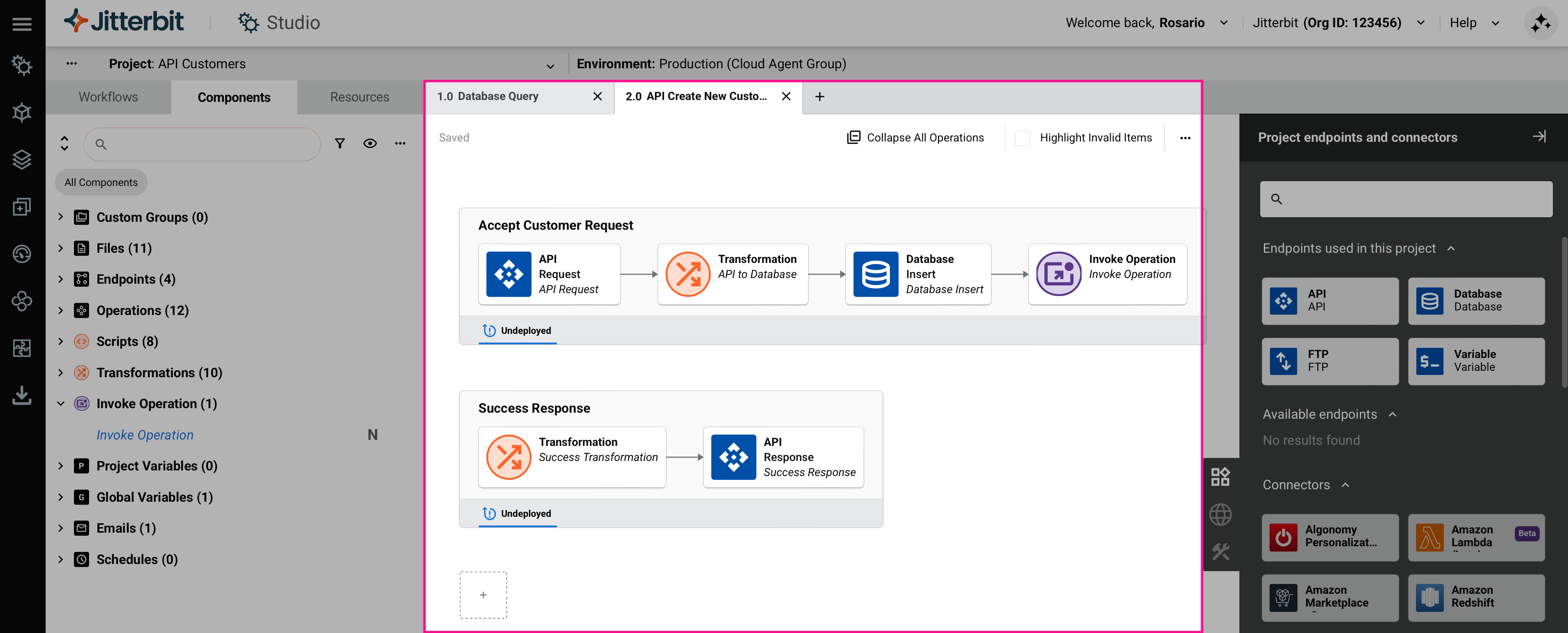Jitterbit Studio with a highlighted design canvas showing a customer request and response.