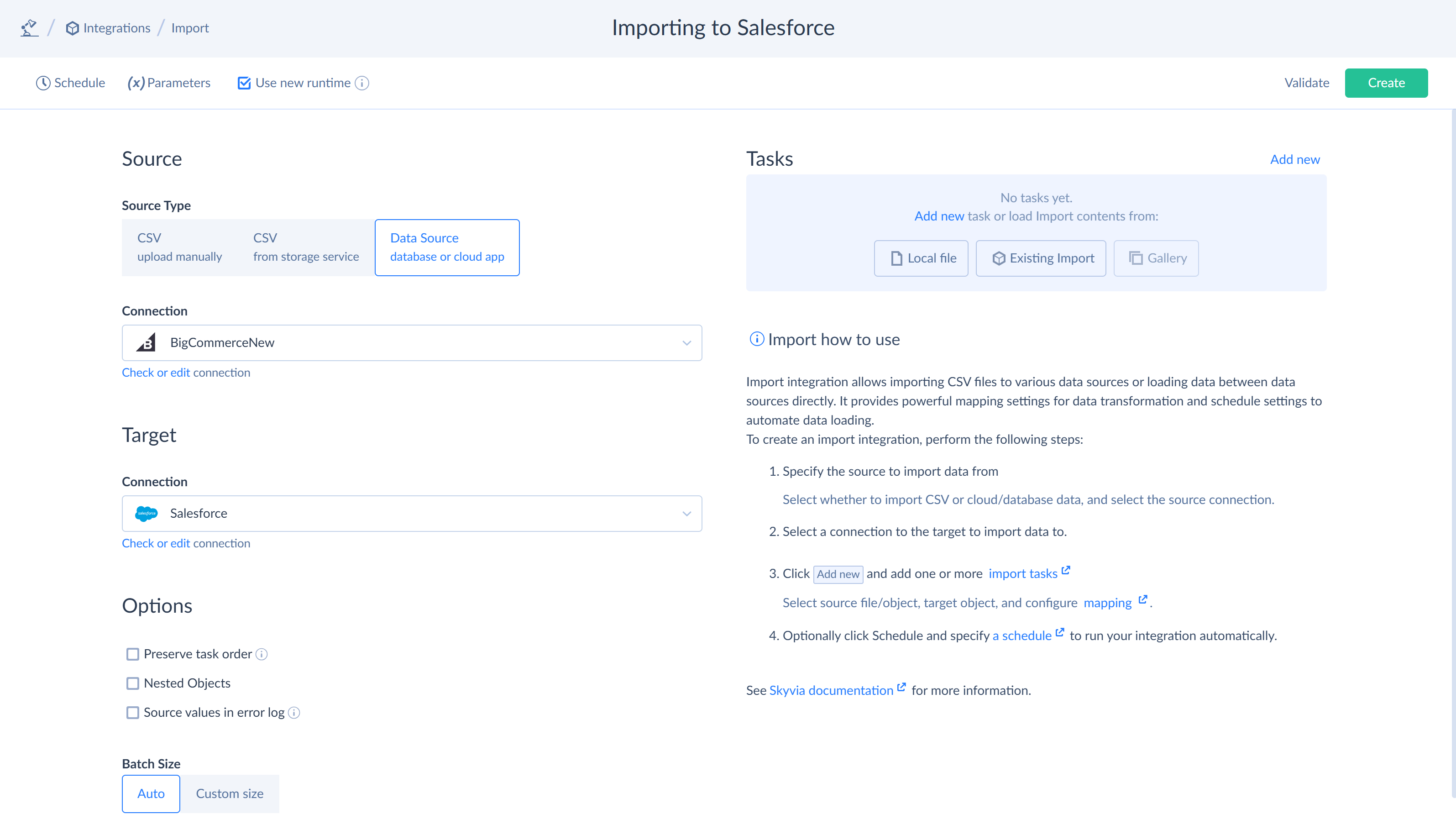 Skyvia import builder with source and target connections, a schedule tab, and an Add new control.