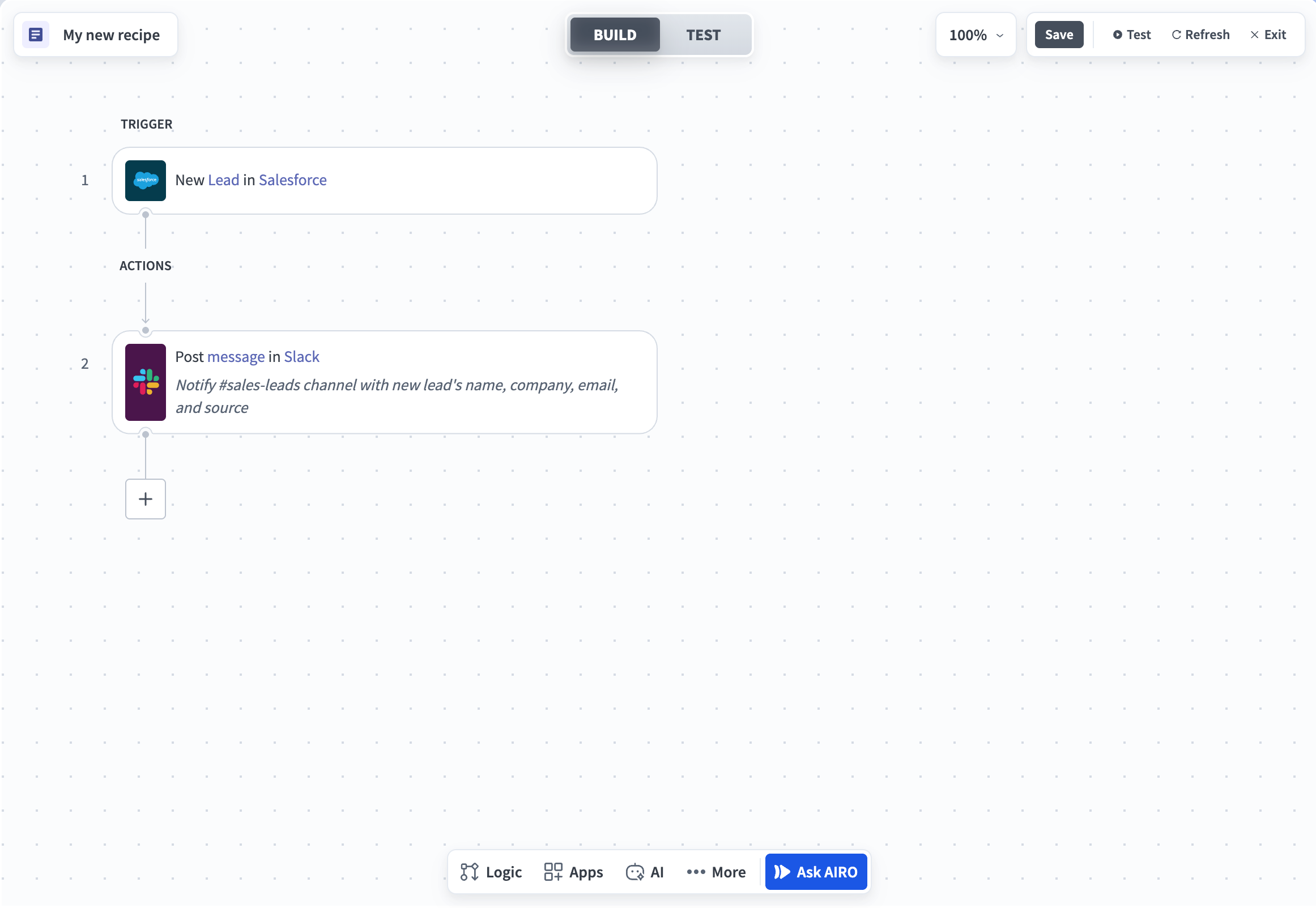 Workato recipe canvas starts with a new Salesforce lead and then posts a message to Slack.